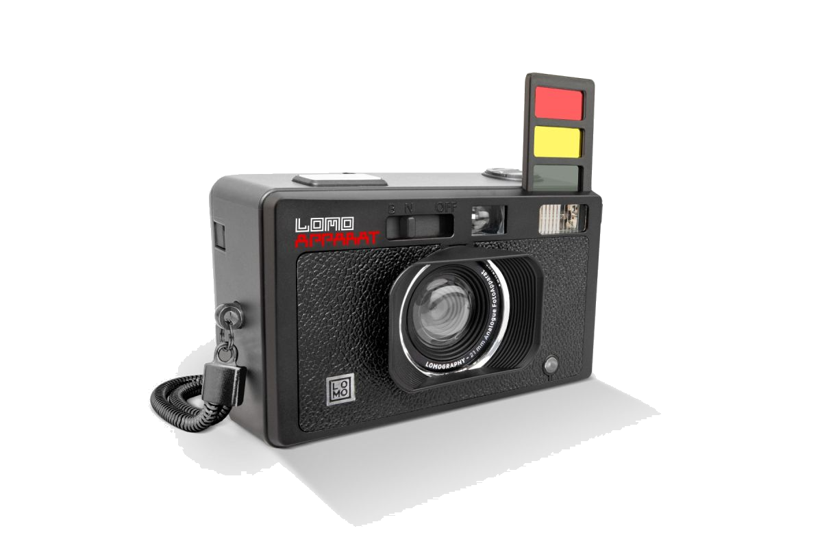 LomoApparat — quarter left view with filters, transparent background
